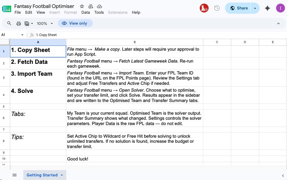 Instructions shown in the spreadsheet